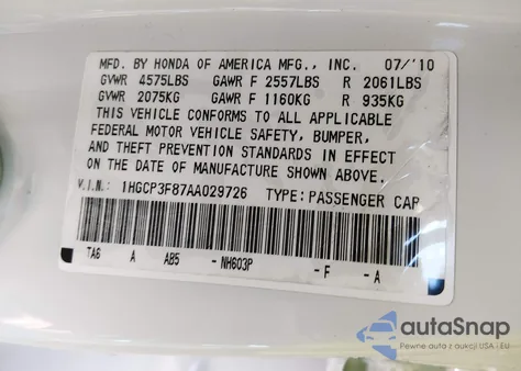 2010 Honda Accord 3.5 Ex-L из США, поврежденный, VIN 1HGCP3F87AA029726